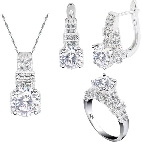 Popular Silver 925 White Topaz Wedding Jewelry Sets For Women Hoop Earrings Necklace Ring For Jewelry