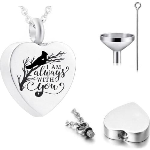 Cremation Jewelry Heart-Shaped Pendant Bird And Tree Stainless Steel Necklace Pet Ashes Memorial-I Will Always Be With You