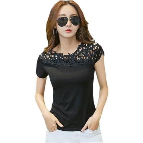 Summer Women T-Shirts Black White Women Lace Cotton Patchwork Basic T-shirts Casual Tops Short Sleeve Tee Shirt