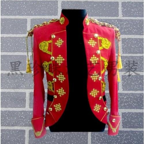 Stand Collar Men Red Suits Designs Masculino Homme Terno Stage Singers Men Sequin Blazer Dance Clothes Jacket Star Style Punk