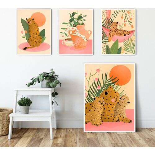 Wall Art Canvas Painting Cheetah Family Vase Wildlife Jungle Prints Nordic Posters Home Decoration Picture Baby Kids Room Decor