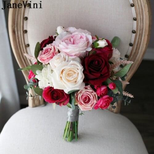 JaneVini 2021 New Style Bride Flowers Artificial Pink Red Beige Rose Wedding Bouquets Graduation Bouquet De Mariage Champêtre