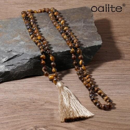 OAIITE 6MM Tiger Eye Stone Mala Necklace Women Meditation Tassel Necklace Knotted Bead Yoga Necklace Jewelry