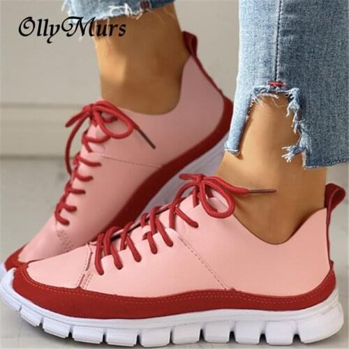 OllyMurs 2020 new spring tenis feminino lace-up pink shoes woman PU Leather mixed color female shoes casual women shoes sneakers