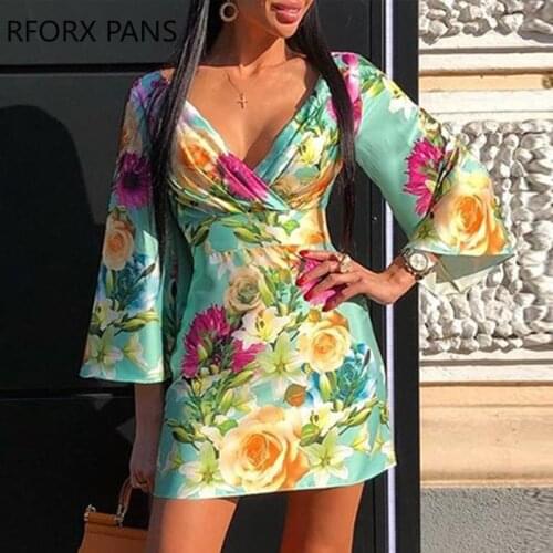 Floral Print Bell Sleeeve Ruched Dress