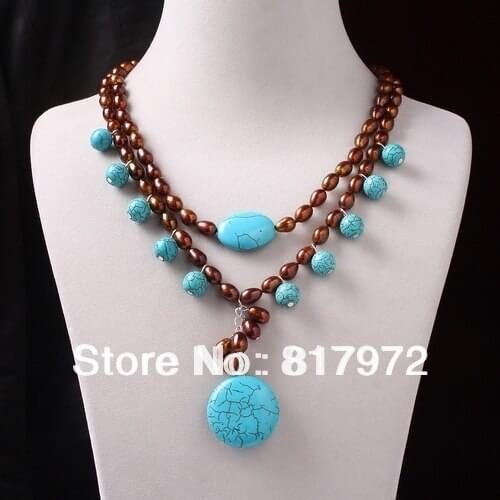 Handmake Coffee Seashell pearls Bead inlay stone Bead Dangle Pendant Necklace Woman Party &6N0066