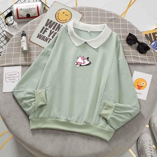 Cow Print Top Long Sleeve Green Top Oversized Hoodie Cute Kawaii Outfit for Women Fashion Tops Female Women Korean Sweatshirt
