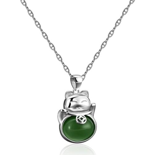 S925 Sterling Silver Necklace Female Lucky Cat Chalcedony Sterling Silver Pendant Ins Personality Necklace Silver Necklace