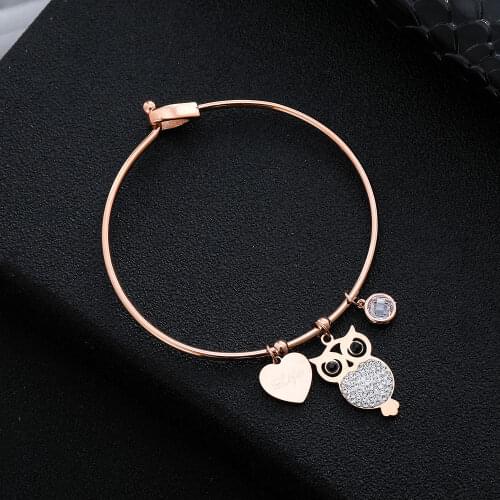 Heart Owl Charm Bracelets Stainless Steel Rose Gold Cuff Bangles For Women Trendy Jewelry Accessories Gift 2021 Dropshipping