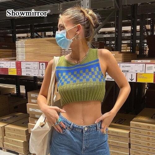 Showmirror G Green Vintage Knitted Sweater Vest Autumn Casual Sleeveless Crop Top Pullover Preppy Style Knitwear Jumpe