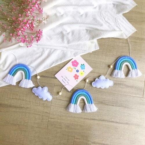 Nordic Wooden Beads Garland with Felt Cloud Knitting Wool Rainbow Tassel Pendant Hanging Ornament Photo Shooting Props