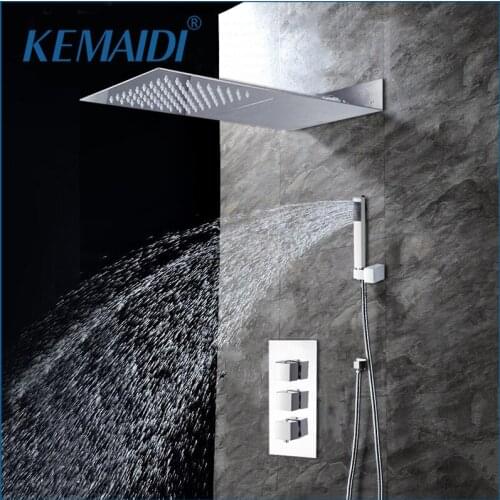 KEMAIDI Chrome Finished Waterfall Shower Faucet Set Bathroom Shower With Handle Rainfall Shower Head Wall Mounted Square Style