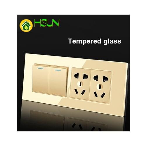 US Tempered Glass Champagne 118 Type Switch Socket 1/2/3/4/5/6/7/8 Gang 2 Way Real Glass Panel LED Guide Light Mounting Box