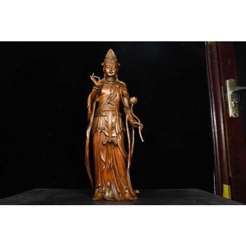 20"China Lucky Old Boxwood Hand-carved Lotus Guanyin Bodhisattva Standing Buddha Enshrine the Buddha Ornaments Town House