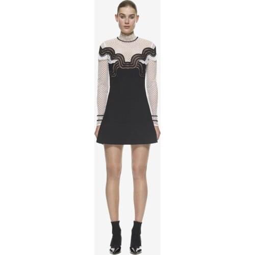 YiLin Kay High-end custom autumn 2019 fashion runway designer waves long sleeve splicing hollow-out lace winter dresses