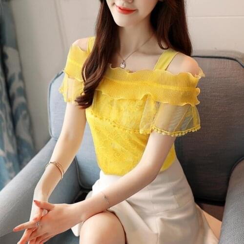 2021 New Summer Women Fashion Elegant Lace Floral Hollow Out T Shirts Tops Female Casual Solid Color Off Shoulder Ruffles Tee