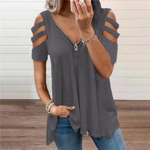 Womens New Fashion T-shirt Sexy V-neck T-shirt Zipper Solid Color Short Sleeve Casual T-shirt Loose Strapless T-shirt Plus Size