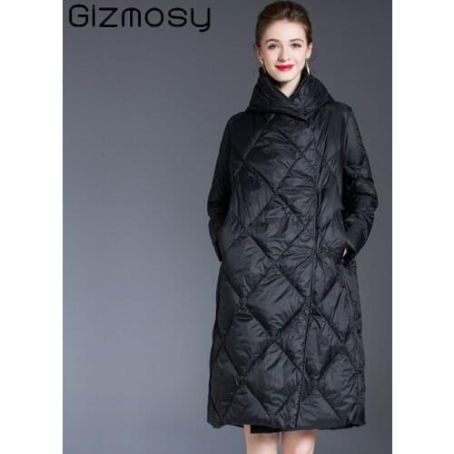 Gizmosy 2021 Women Winter Down Jacket Coats Women Light Ultra Long Warm Puffer Jacket Hooded Down Parka Female Outwear Clothing