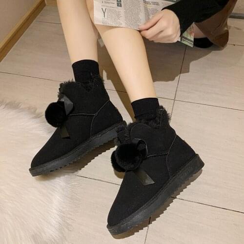 Women Short Winter Boots Pom-pom Style Ankle Snow Boots Shoes for Girls Sheepskin Suede Leather Shearling Wool Fur Lined U11-30