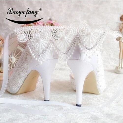 New White Lace-up Womens wedding shoes ankle strap Lace shoes for woman BaoYaFang fashion shoes Bride dress shoe