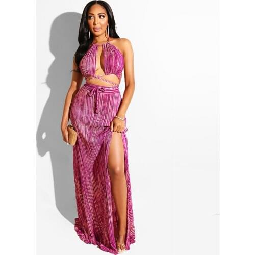 2021 New Style Women’s Sexy Vest Skirt Suit Fashion Stripe Bandage Halter Tops and Loose Split Long Skirt Summer Boho Beachwear