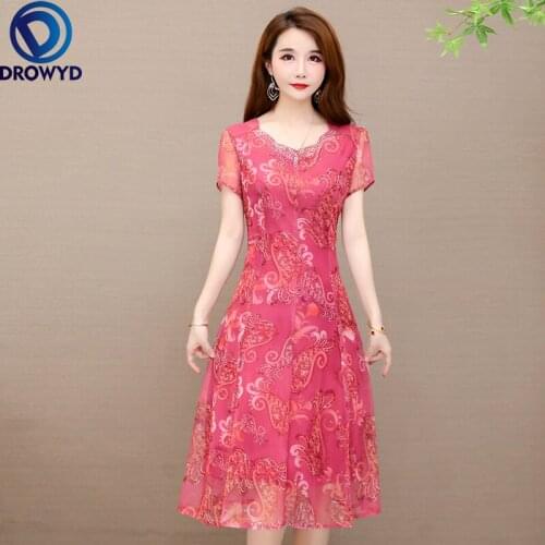 Women Summer Beach Dress Fashion Printed Chiffon Midi Dress Female Short-sleeved V-neck Korean Loose 5XL Plus Size Party Dresses