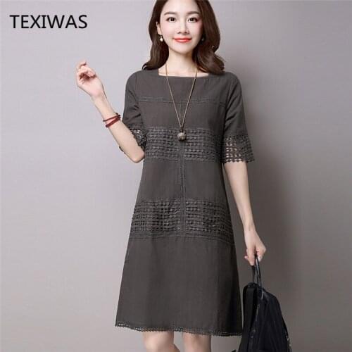 TEXIWAS 2018 spring summer new hollow long paragraph large dress womens fashion cotton linen short-sleeved solid color dress