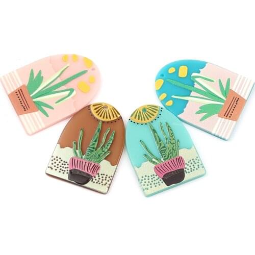 3 PCs Acrylic Pendants Arched Blue Pot Plant 38mm x 27mm