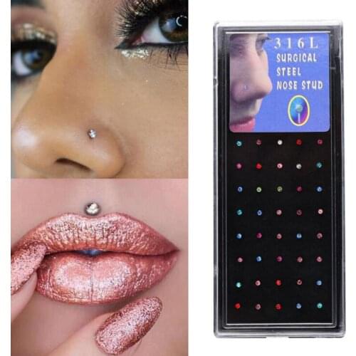 60Pcs/Box 1.8mm Stainless Steel Colorful Rhinestone Nose Studs for Women Punk Nose Ring Nostril Piercing Body Jewelry