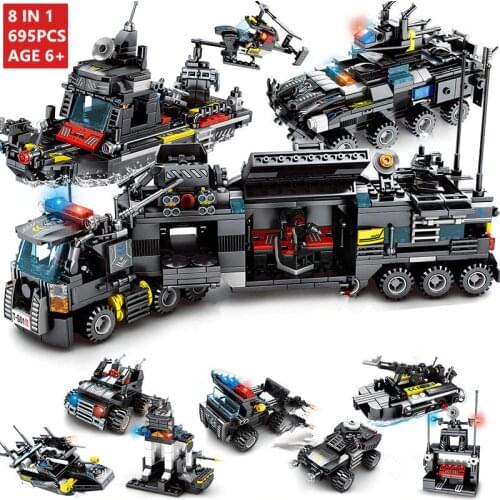 695Pcs City SWAT Police Truck Ship Model Technic Building Blocks Sets Brinquedos Creator Bricks Educational Toys for Children