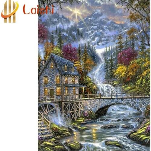 Diamond Natural scenery, small bridge, flowing water, people DIY Diamond Painting Embroidery Cross Stitch Rhinestone Painting