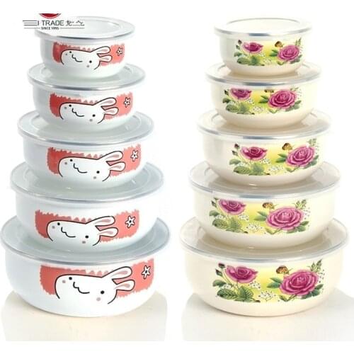 Free shipping Enamel storage box set seal bowl retain freshness five pieces set circle lid lunch box mini cartoon with PP covers