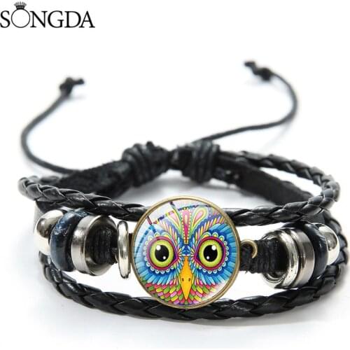 Bohemian Cartoon Owl Wrap Bracelet Transparent Glass Photo Cabochon Multilayer Hand-woven Leather Bracelets for Men Women