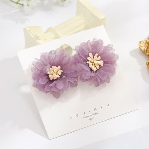 French Retro Dream Purple Gardenia Clip on Earrings No Hole Chiffon Lace Big Flower Clip Earrings No Piercing for Women Party