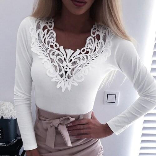 T shirts New Style Women Casual Solid Color Long Sleeve V-Neck Lace T-Shirt White Red Pink Colors poleras mujer de moda 2020