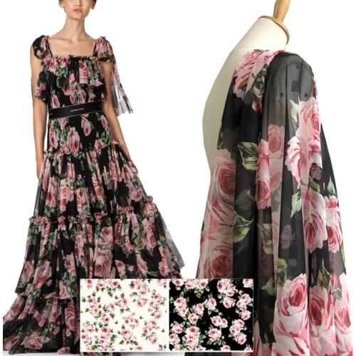 Rose printed polyester chiffon fabric cloth 148 m width summer thin see-through shirt parent-child sewing fabric for dress