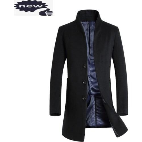 Brand Men Woolen Coats Fashion Slim Single Breasted Windbreakers Autumn Winter Stand Collar Thicken Warm Outerwear Plus Size