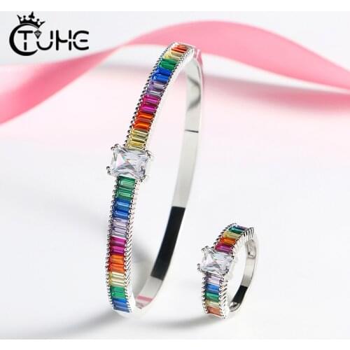 Fashion Shiny CZ Crystal Bracelet and Rings Sets Jewelry Rainbow Colorful Square CZ Bangle Gorgeous Trendy Bracelet For Women