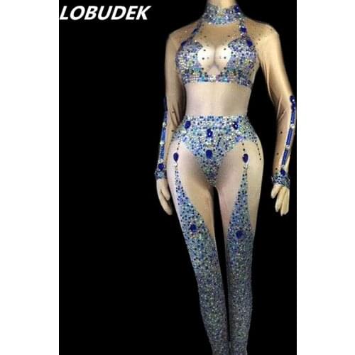 New Women Colorful Rhinestones Skinny Jumpsuit Stretch Leggings Nightclub Female DJ Singer Prom Party Show Stage Costume