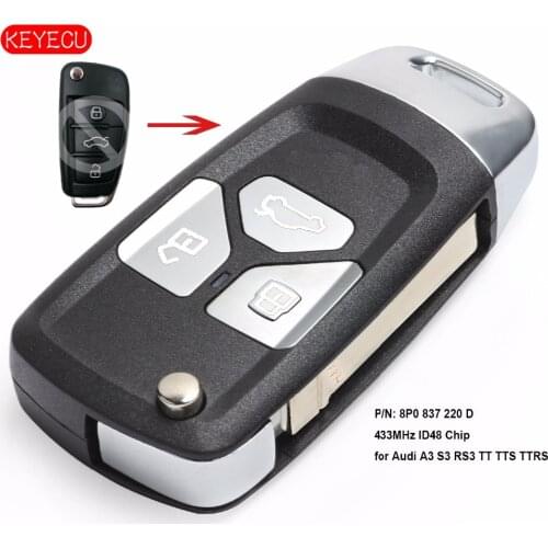 Keyecu Upgraded Flip Remote key 433MHz ID48 Fob for Audi A3 S3 RS3 TT TTS TTRS 2004-2013 P/N: 8P0 837 220 D