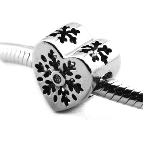 Fits For Pandora Charms Bracelets Snowflake Heart Beads with Clear CZ 100% 925 Sterling-Silver-Jewelry Free Shipping