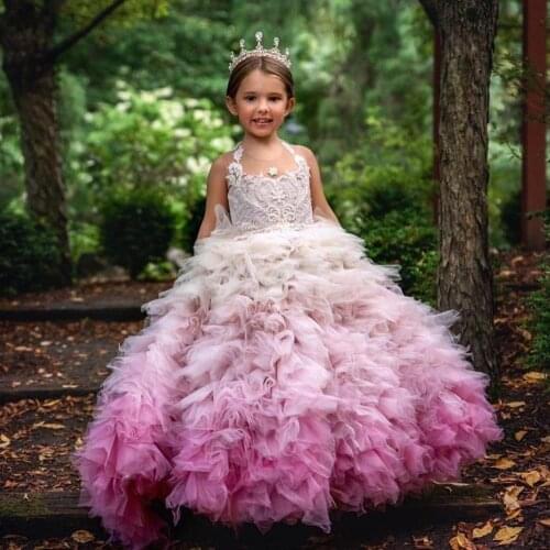 Luxurious Long Puffy Flower Girl Dresses Ball Gown Lace Beading Little Girl Wedding Party Dresses Communion Pageant Gowns