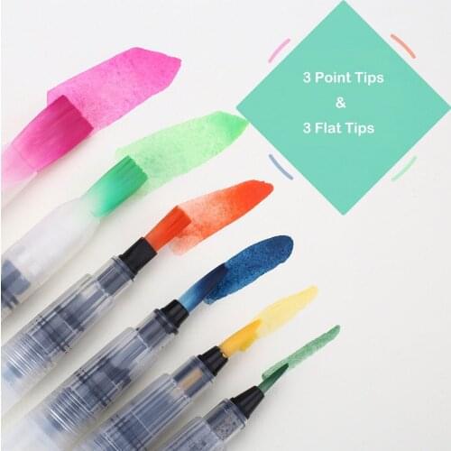 Water Brush Pen, Set of 6 Watercolor Brush Pen Water Paintbrush Assorted Tips Size Refillable Brush Pens