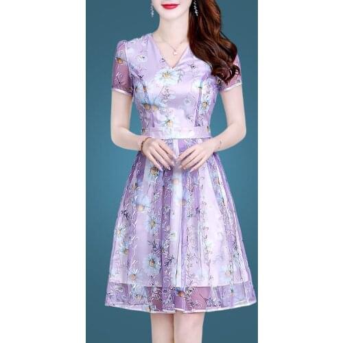 Embroidery Vintage Party Dress Women Summer Elegant Short Sleeve V-neck Christmas Sexy Mesh Plus Size S~4xl Chiffon Vestidos 660