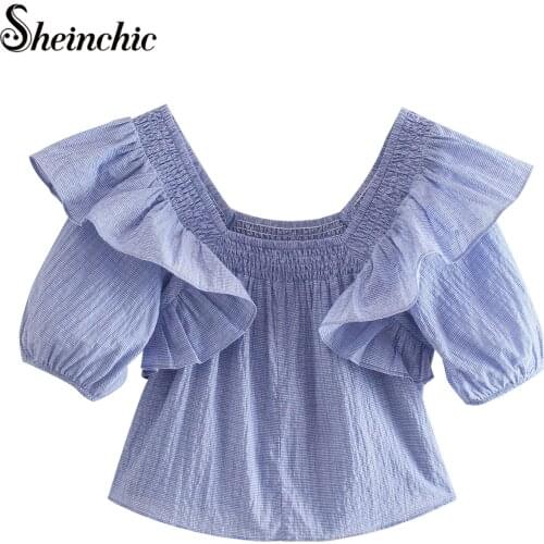 Женские голубые рубашки Sheinchic China At AliExpress