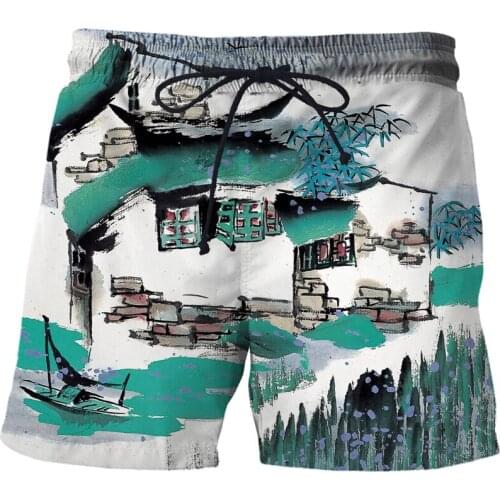 Ink painting shorts 3d house Print Mens Beach Shorts Casual Shorts Boardshorts Summer Swimming Shorts/trunks Obesity shorts