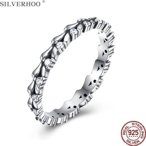 SILVERHOO 925 Sterling Silver Personality Vintage Rings For Women Exquisite CZ Cubic Zirconia Finger Ring Anniversary Jewelry