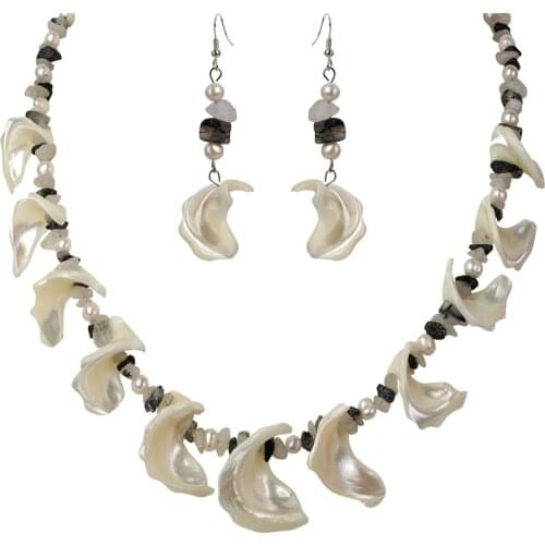 YACQ Pearl Mother of Pearl Rutilated Quartz 925 Sterling Silver Choker Necklace Dangle Earrings Jewelry Sets Gifts for Women Mom