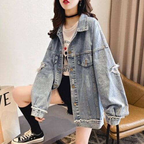 Loose Casual Denim Jacket Womens 2020 Spring And Autumn New Net Red All-Match Long-Sleeved ripped jacket Hong Kong taste tide