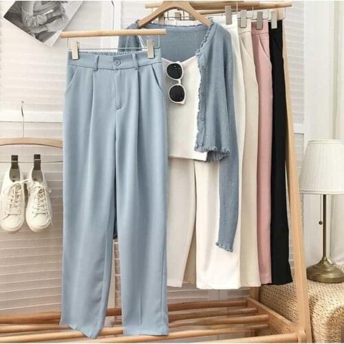 Women Casual Suit Pants 2021 Autumn New Fashion High Waist Solid Straight Trousers High Quality Female Clothing Set
